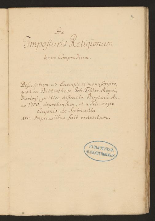 Cim I 58 — De Impostoribus Religionum breve Compendium — 18. Jh., nicht vor 1717